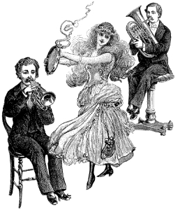 Line drawing in old style of three musicians
